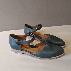Blue leather John Fluevog flats, retro summer sandals, designer Mary Jane shoes